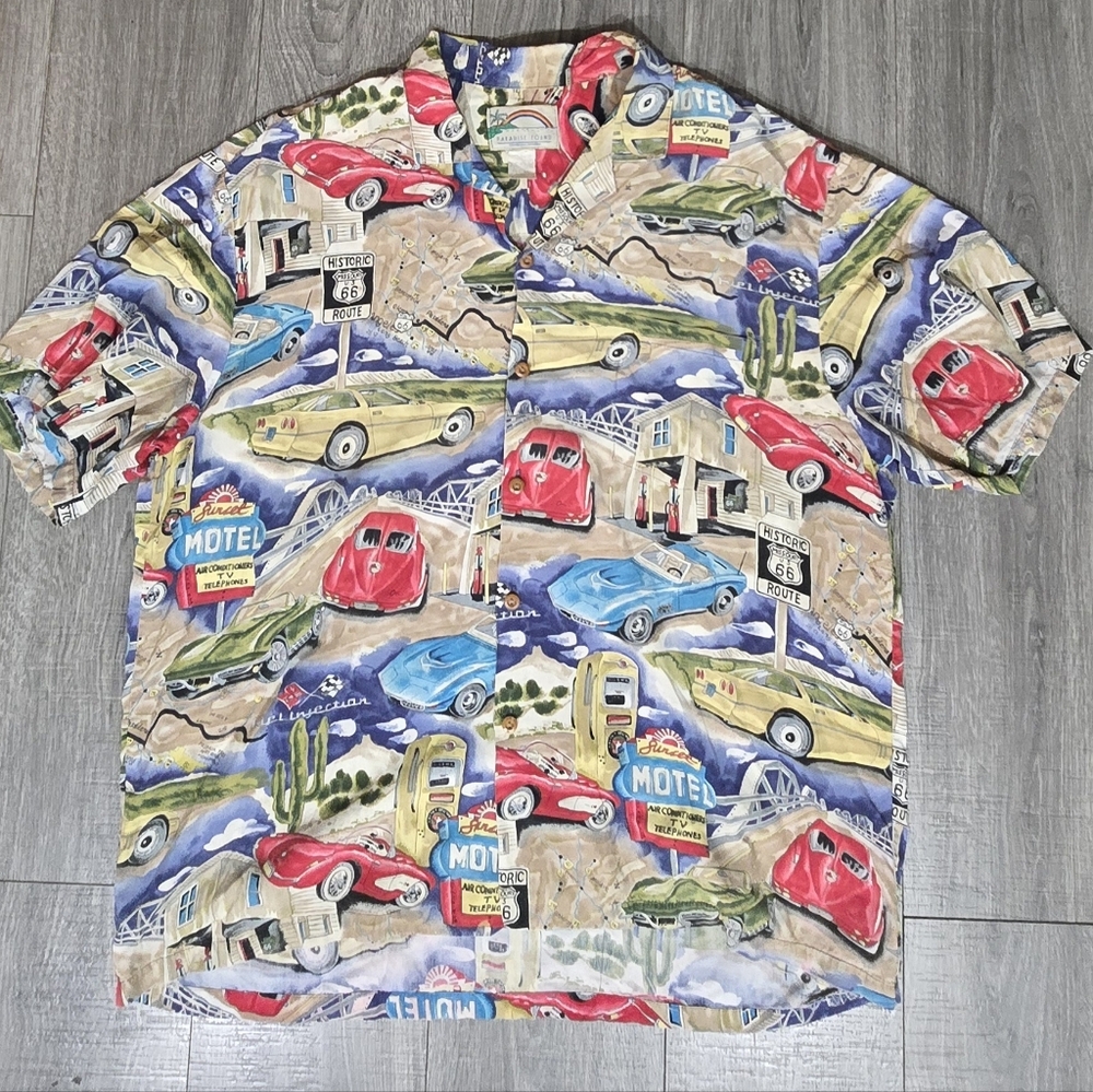 Paradise Found Route 66 Classic Car Hawaiian Shirt Men’s XL.